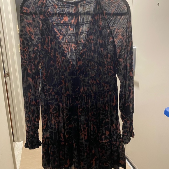 Free People Black and Brown Animal Print V-Neck Long Sleeve Dress - Picture 7 of 9